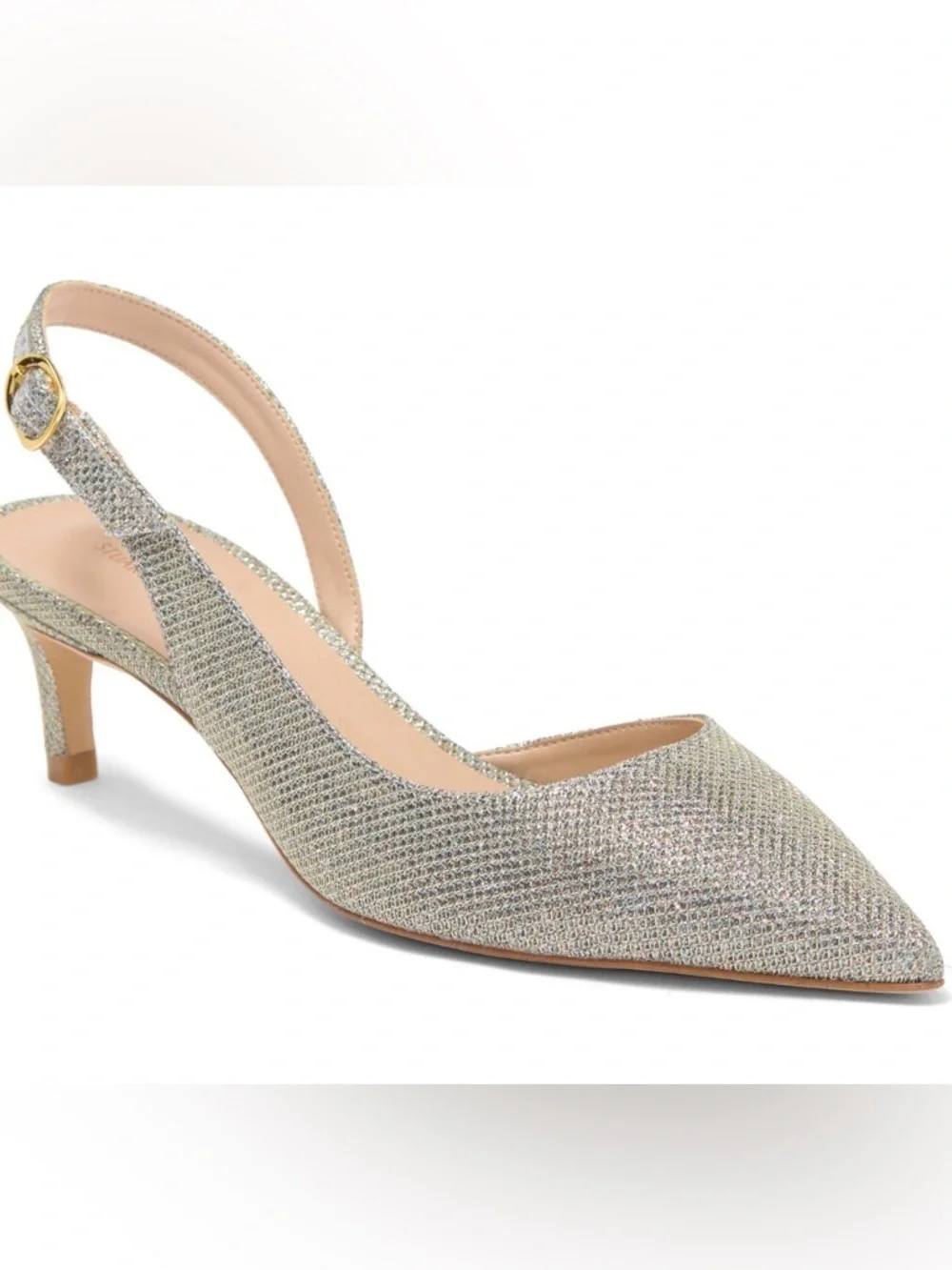 Stuart Weitzman Silver Glitter Slingback Pointed Toe Kitten Heel | Size 7